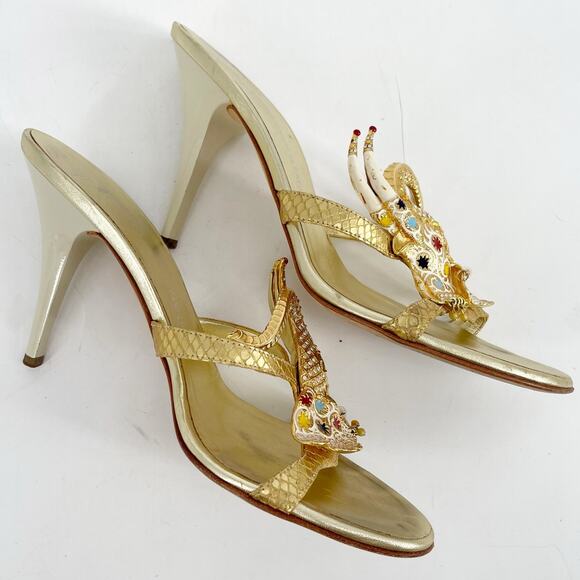 Giuseppe Zanotti Gold Crystal Embellished Elephant Metallic Heel Sandals IT 39 - Picture 4 of 13